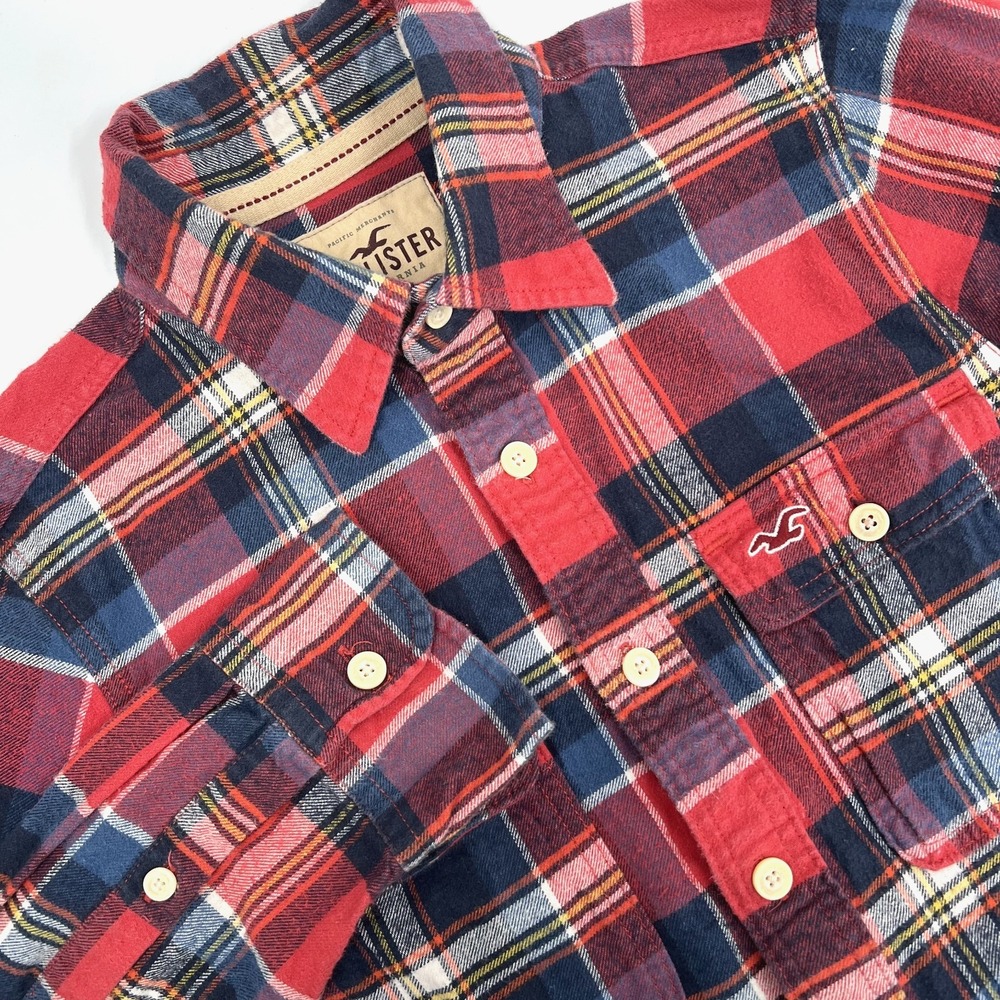 HOLLISTER Men's Size L Red/Blue Tartan Plaid Long-Sleeve Button-Up Flannel Shirt